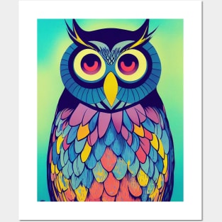 Colorful Owl Portrait Illustration - Bright Vibrant Colors Bohemian Style Feathers Psychedelic Bird Animal Rainbow Colored Art Posters and Art